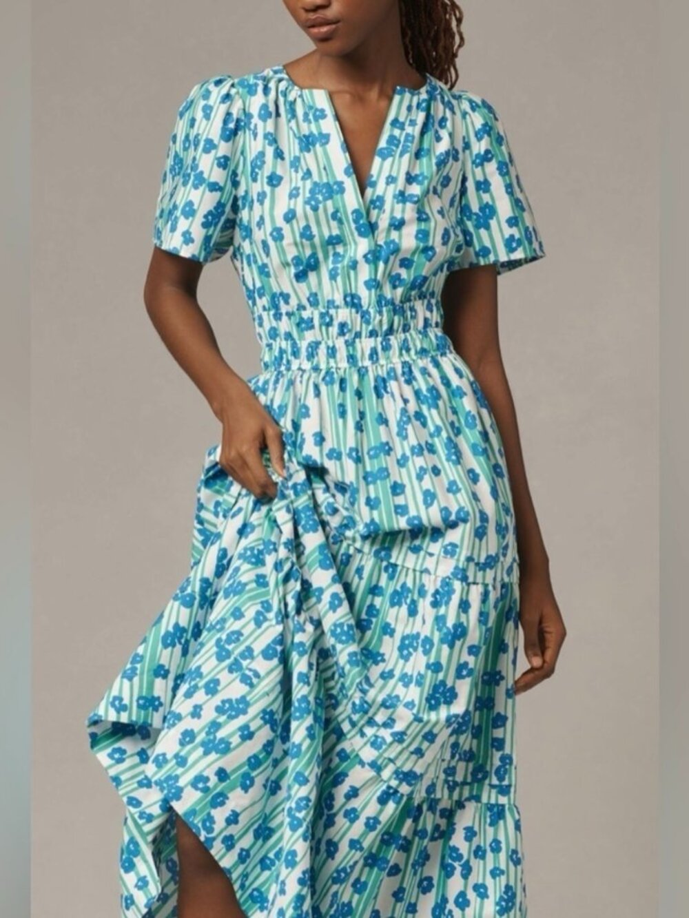 Anthropologie The Somerset Blue Floral Stripe Cotton Maxi Dress